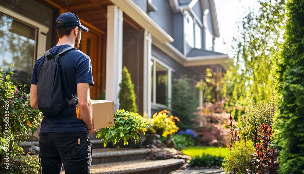 A delivery staff member presenting a package to a customer at their doorstep, showcasing the dedication and efficiency of the delivery job. A delivery staff member presenting a package to a customer at their doorstep, showcasing the dedication and efficiency of the delivery job.