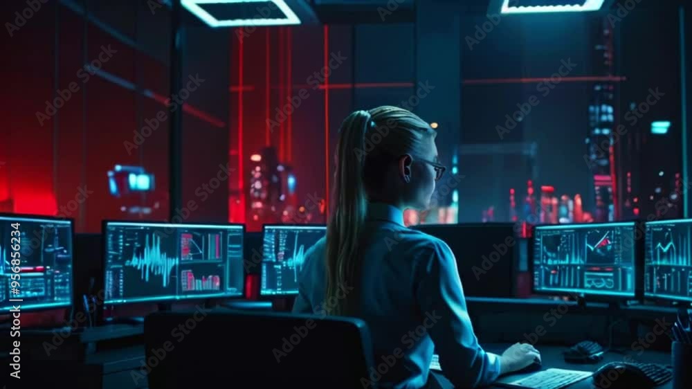A woman in a blue shirt sits in front of multiple computer monitors with data visualizations displayed on them. She is working late at night in a brightly lit office. A woman in a blue shirt sits in front of multiple computer monitors with data visualizations displayed on them. She is working late at night in a brightly lit office.
