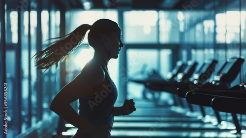 Side profile of a fit girl running on a treadmill at the gym. 