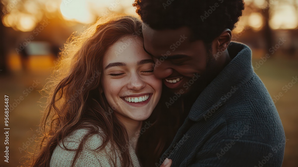 A young couple of different ethnic backgrounds embraces in a park at sunset, laughing and holding each other close, showing a genuine moment of affection and love A young couple of different ethnic backgrounds embraces in a park at sunset, laughing and holding each other close, showing a genuine moment of affection and love