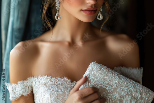 A Glimpse of Elegance: A Bride's Delicate Lace Dress and Sparkling Earrings