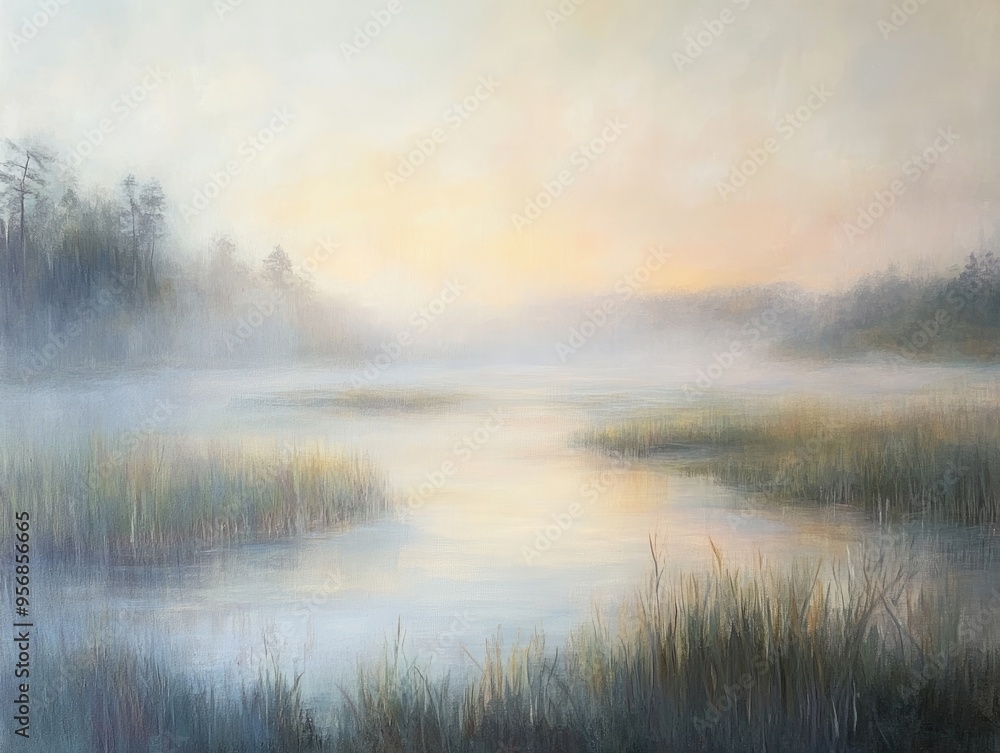 Oil painting depicting a misty wetland at dawn showcasing the serene beauty of the landscape Oil painting depicting a misty wetland at dawn showcasing the serene beauty of the landscape