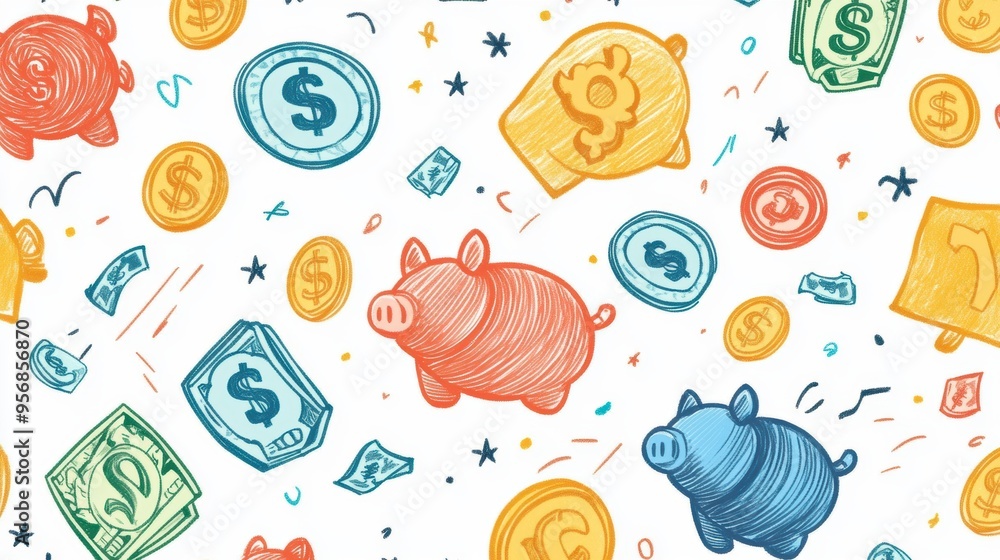 Colorful Doodle Pattern Representing Financial Freedom with Dollar Signs, Piggy Banks, and Coins Colorful Doodle Pattern Representing Financial Freedom with Dollar Signs, Piggy Banks, and Coins