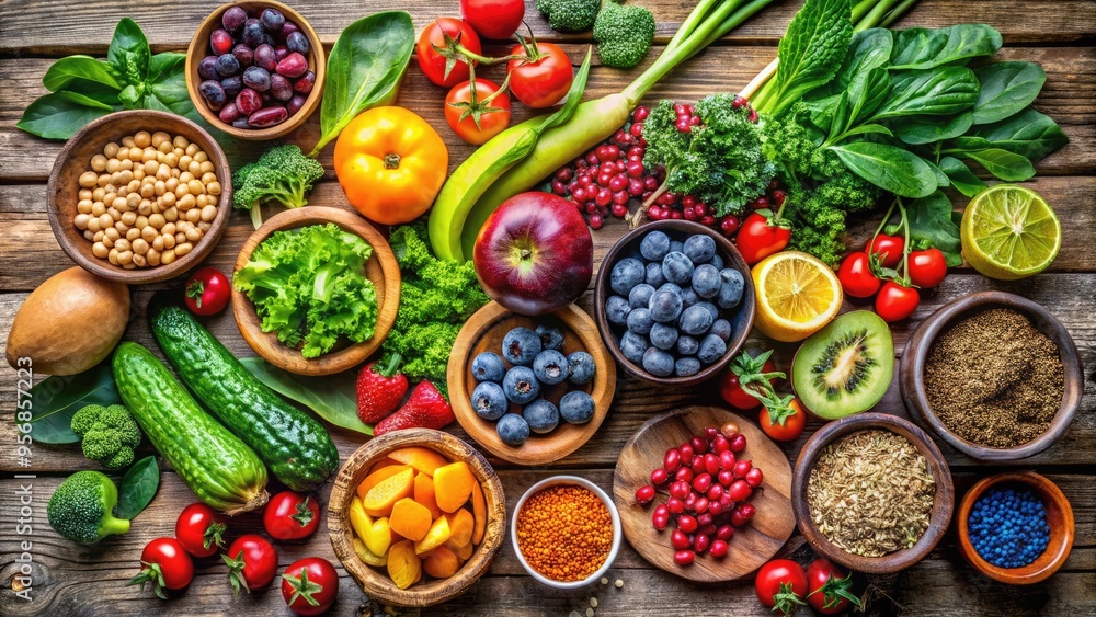 A variety of colorful, plant-based foods including fresh fruits, leafy greens, and nuts arranged artfully on a rustic wooden table surface. A variety of colorful, plant-based foods including fresh fruits, leafy greens, and nuts arranged artfully on a rustic wooden table surface.