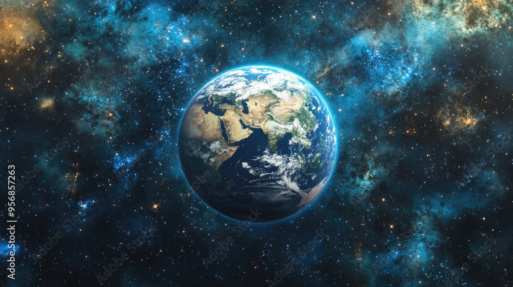 3D cartoon depiction of a stunning planet Earth in space with a backdrop of stars 3D cartoon depiction of a stunning planet Earth in space with a backdrop of stars