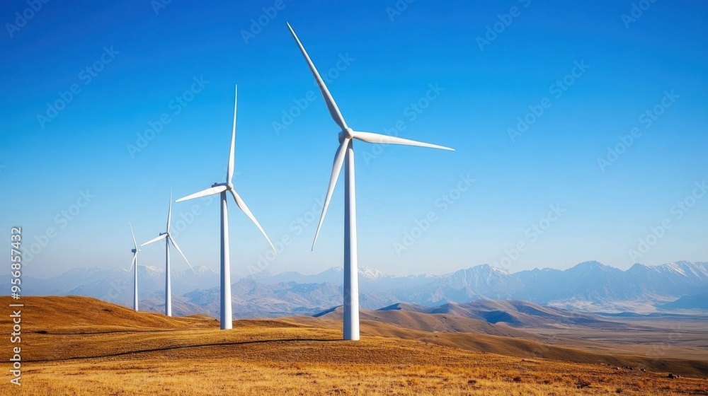 An expansive view of wind turbines against a clear blue sky, showcasing renewable energy technology and scenic landscape. An expansive view of wind turbines against a clear blue sky, showcasing renewable energy technology and scenic landscape.
