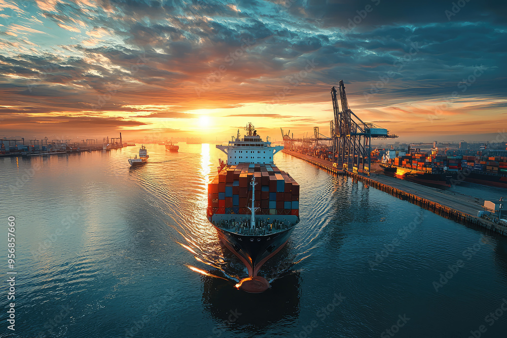 A Majestic Cargo Ship Navigates the Calm Waters Towards a Busy Port, Bathed in the Golden Hues of a Breathtaking Sunset. A Majestic Cargo Ship Navigates the Calm Waters Towards a Busy Port, Bathed in the Golden Hues of a Breathtaking Sunset.