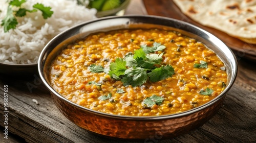 Detailed shot of a bowl of flavorful Indian dal, with its rich, golden color and garnished with fresh herbs, served with rice and chapati.