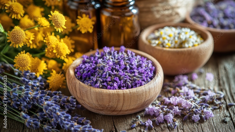 Dried Lavender Flowers in Wooden Bowl with Other Herbs Dried Lavender Flowers in Wooden Bowl with Other Herbs