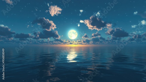 A view of a night blue sky with clouds and a full moon reflected on water 3D cartoon rendering photo