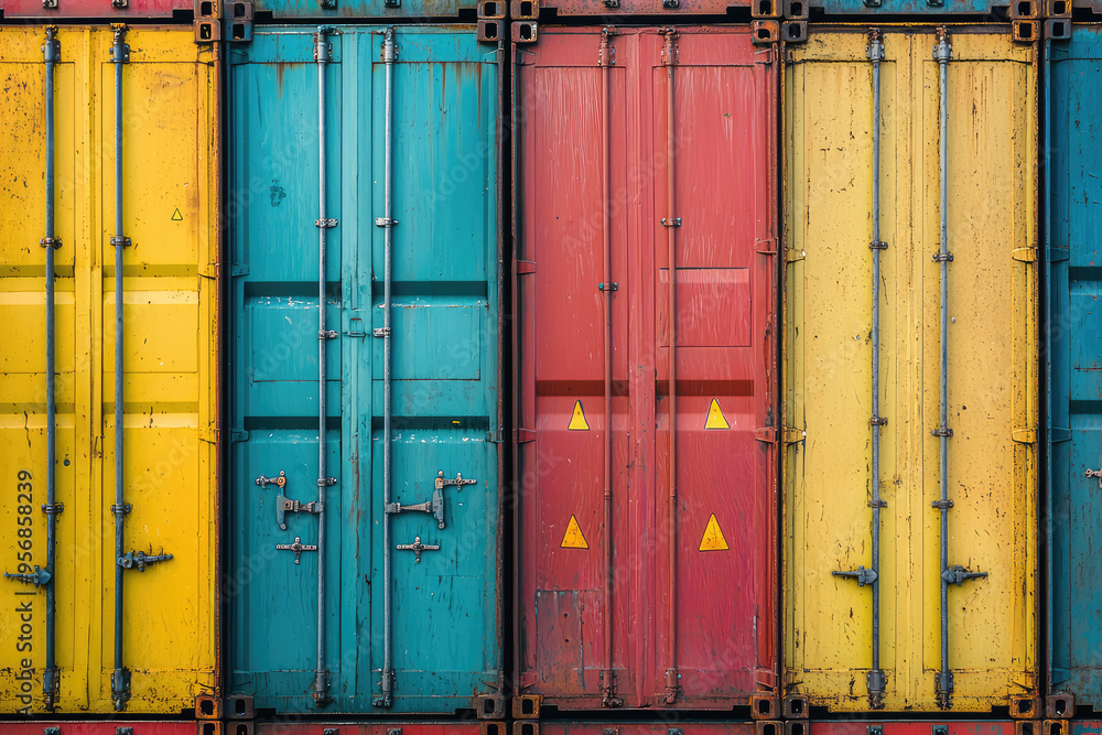 A symphony of color: Vibrant shipping containers stand tall, their weathered surfaces whispering tales of journeys across the globe. A symphony of color: Vibrant shipping containers stand tall, their weathered surfaces whispering tales of journeys across the globe.