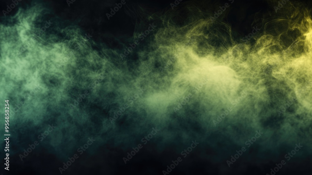 Abstract blur of green and yellow fog mist or smog swirling on a black background in this 3D cartoon rendering Beautifully swirling smoke creates a mockup background suitable for logos and busines Abstract blur of green and yellow fog mist or smog swirling on a black background in this 3D cartoon rendering Beautifully swirling smoke creates a mockup background suitable for logos and busines