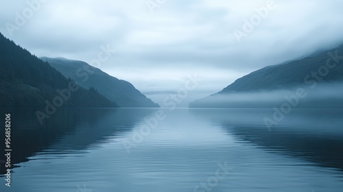 The serene shores of Loch Ness in Scotland, with misty waters and surrounding hills, completely devoid of people.