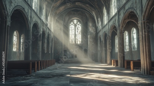 3D rendering of the interior of an old abandoned church from the 18th century