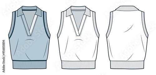 Polo Shirt technical fashion illustration. Vest Sweater fashion flat technical drawing template, sleeveless, v-neck, relaxed fit, front and back view, white, blue, women, men, unisex CAD mockup set.