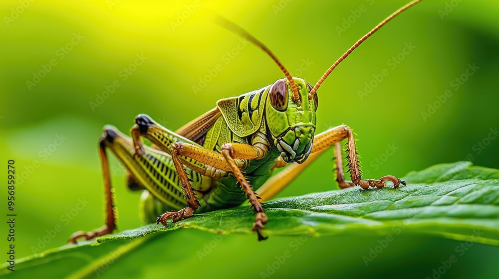 Detailed shot of a close-up view of a grasshopper on a green leaf, highlighting its texture, legs, and antennae against a clean, natural background. Detailed shot of a close-up view of a grasshopper on a green leaf, highlighting its texture, legs, and antennae against a clean, natural background.