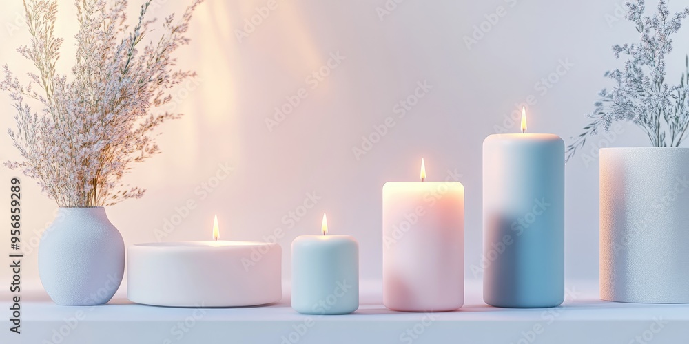 3D rendering of candles and candle holders for interior decor and lifestyle on a white background 3D rendering of candles and candle holders for interior decor and lifestyle on a white background