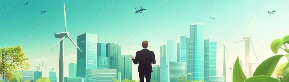 A businessman stands in front of a futuristic city with wind turbines and drones, symbolizing innovation and sustainability. A businessman stands in front of a futuristic city with wind turbines and drones, symbolizing innovation and sustainability.
