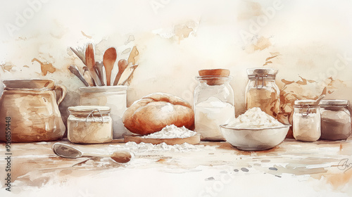 Beautiful watercolor kitchen scene featuring various baking ingredients and utensils, perfect for food and culinary themes.