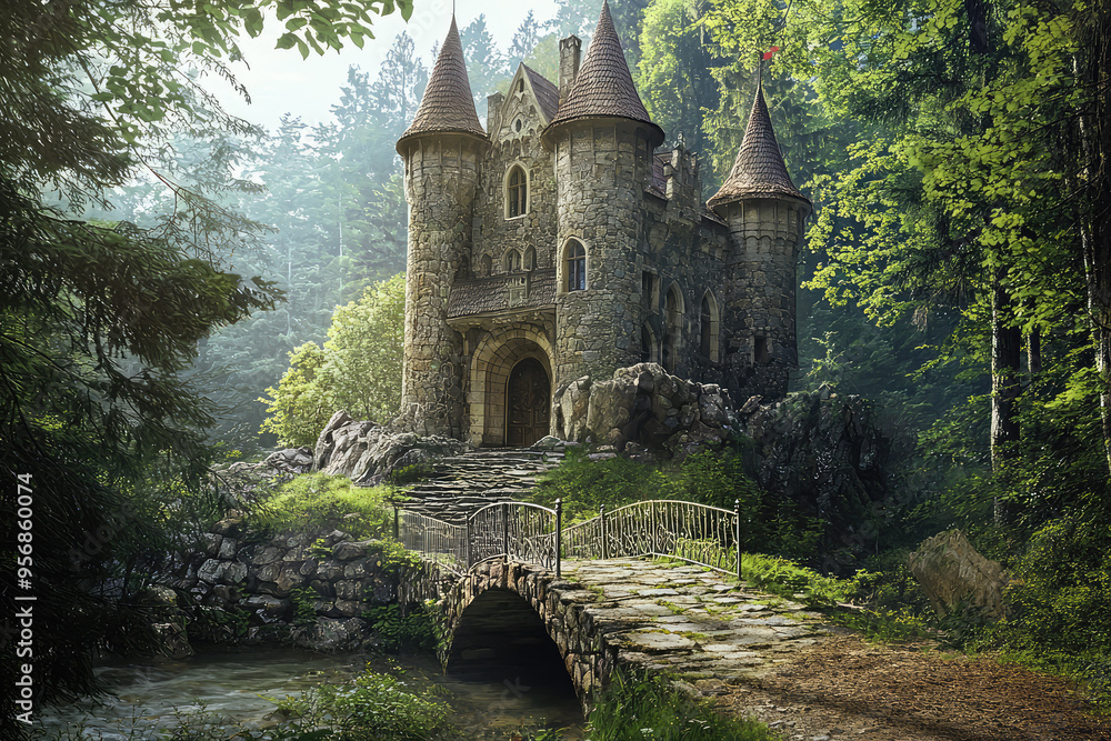 Obraz premium A Stone Castle, Embraced by a Verdant Forest, Beckons with a Stone Bridge and a Whispering Stream.