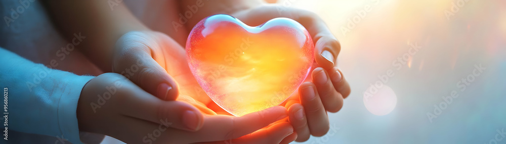 Holographic Family Hands with Glowing Heart concept as A vibrant holographic image of family hands holding a glowing heart isolated on a white background with ample copy space. Symbolizing unity and l