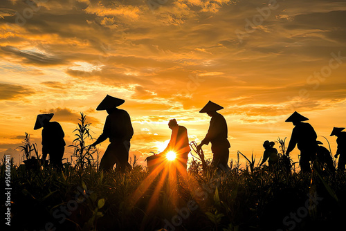 Golden Hour Labor: Silhouettes of Farmers Working at Sunrise photo