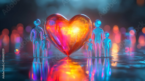 Holographic Family Icon with Glowing Heart concept as A glossy glowing holographic family icon with a heart symbol isolated on a white background with ample copy space representing family diversity an