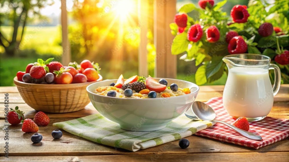 A warm and inviting breakfast scene featuring a bowl of cereal, fresh fruit, and a glass of cold milk on a sunny morning table. A warm and inviting breakfast scene featuring a bowl of cereal, fresh fruit, and a glass of cold milk on a sunny morning table.
