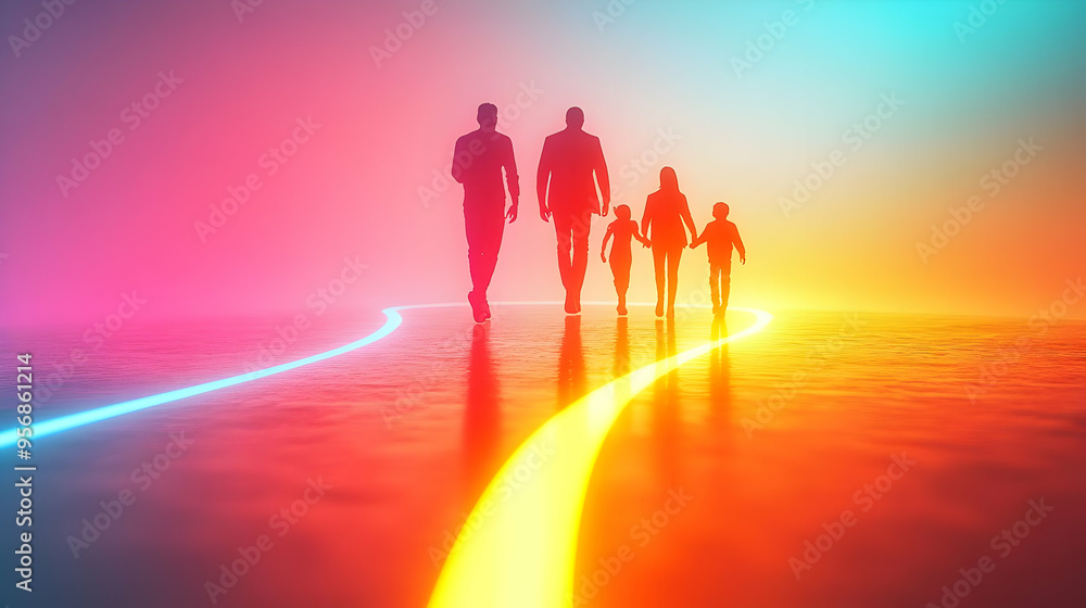 Fototapeta premium Holographic Family Journey with Glowing Path concept as A vibrant holographic image of a family walking on a glowing path symbolizing the journey of life and diversity isolated on a white background w