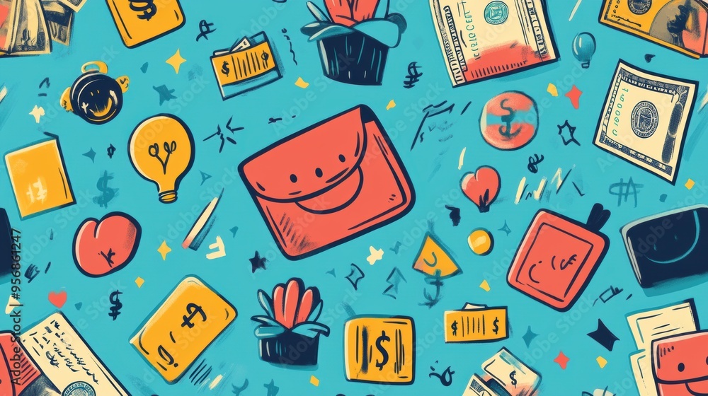 Bright Fun Financial Freedom Pattern with Happy Wallets, Dollar Bills, and Investment Icons in Doodle Style Bright Fun Financial Freedom Pattern with Happy Wallets, Dollar Bills, and Investment Icons in Doodle Style