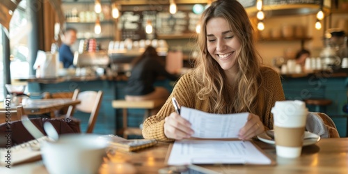 A customer smiling while filling out a satisfaction survey form at a cafe, surrounded by coffee cups and notebooks