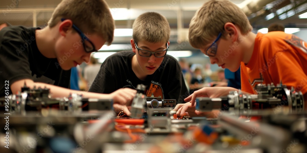 Teams of engineers racing against the clock in a competitive robotics challenge, testing innovation and design Teams of engineers racing against the clock in a competitive robotics challenge, testing innovation and design