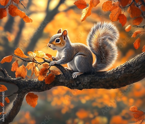 Squirrel on Oak Branch in Autumn, National Geographic Style, AI generated illustration