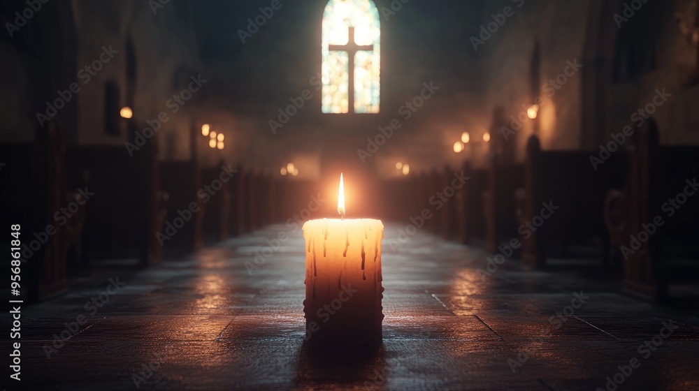 3D rendering of a magic candlelight featuring a cross within a church interior 3D rendering of a magic candlelight featuring a cross within a church interior