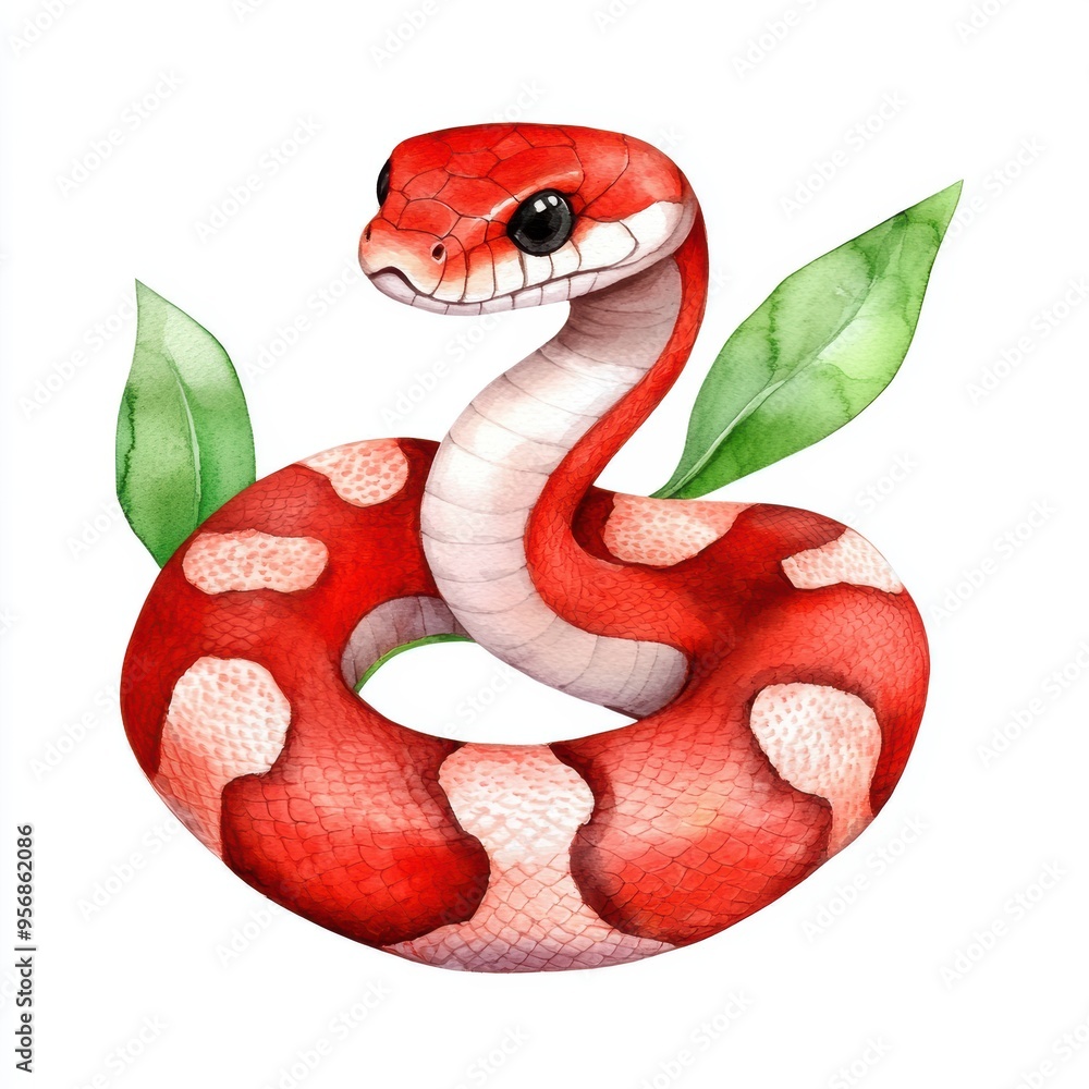 Watercolor illustration of a red snake with leaves Whimsical watercolor ...