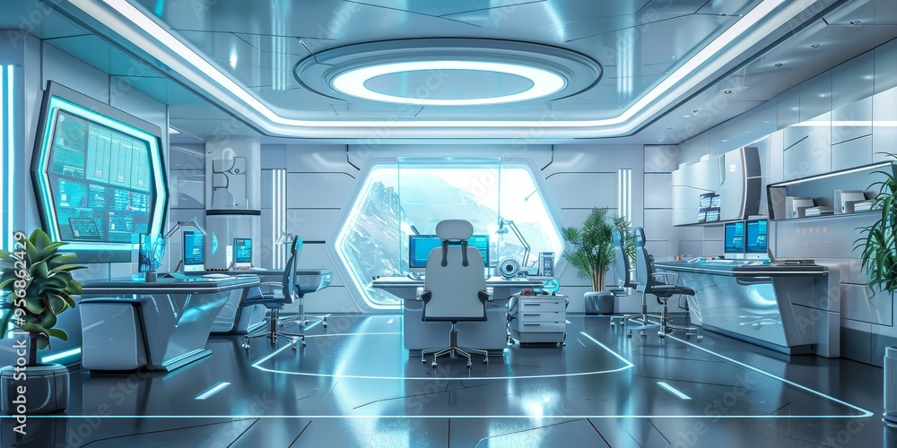 Visual metaphor of a futuristic office interior with high-tech gadgets and ergonomic furniture Visual metaphor of a futuristic office interior with high-tech gadgets and ergonomic furniture