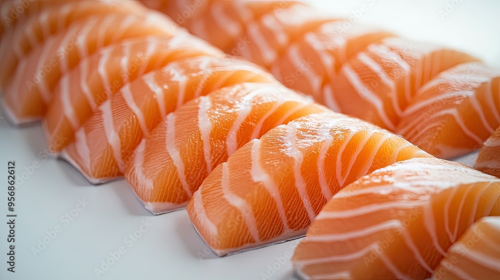 Detailed shot of salmon belly slices with a rich, fatty texture, set against a white background to emphasize the quality and freshness of the cut. Detailed shot of salmon belly slices with a rich, fatty texture, set against a white background to emphasize the quality and freshness of the cut.