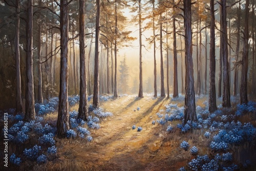 Oil painting depicting a stunning pine forest with blueberry sprigs on the ground and sunlight filtering through the branches