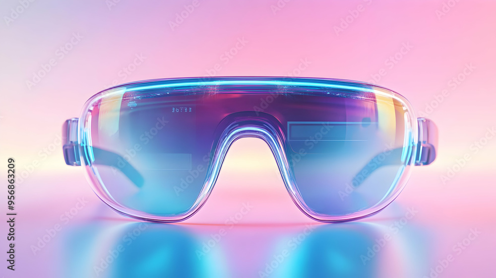 Holographic Glasses with Floating Text concept as A pair of futuristic holographic glasses with floating text symbols representing augmented reality in education with ample copy space on a white backg Holographic Glasses with Floating Text concept as A pair of futuristic holographic glasses with floating text symbols representing augmented reality in education with ample copy space on a white backg