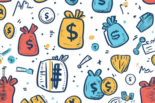 Colorful Seamless Design Showcasing Financial Growth with Doodled Charts, Coins, and Money Bags