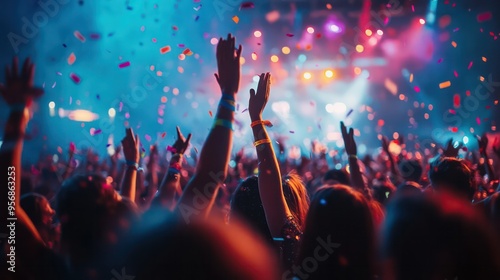 Wallpaper Mural An ecstatic crowd dancing at a music festival, arms raised and smiles wide, with colorful lights and confetti filling the air. Torontodigital.ca