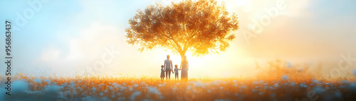 Holographic Interracial Family with Glowing Tree concept as A glossy copy space photo featuring a holographic interracial family standing beneath a glowing tree symbolizing growth and unity. Isolated 