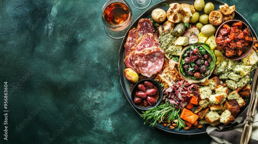 A lavish Thanksgiving appetizer platter featuring an array of savory treats on a dark green table setting A lavish Thanksgiving appetizer platter featuring an array of savory treats on a dark green table setting