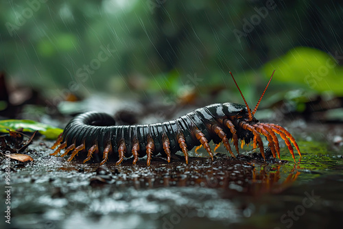 A Giant Millipede Crawls Through a Tropical Downpour, Its Shiny Exoskeleton Gleaming in the Rain photo