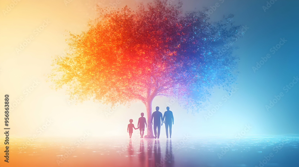 Holographic Parents and Child with Glowing Tree concept as A holographic representation of parents and a child under a glowing tree symbolizing family growth and diversity with ample copy space. The s Holographic Parents and Child with Glowing Tree concept as A holographic representation of parents and a child under a glowing tree symbolizing family growth and diversity with ample copy space. The s