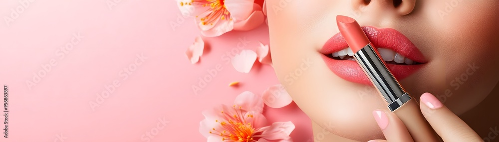 Obraz premium Closeup of Woman Applying Lipstick with Pink Flowers