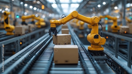 Yellow Robotic Arms Moving Boxes Along Conveyor Belt in Industrial Factory, AI generated illustration