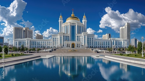 Astana's White House of Government Akorda, captured on July 29, 2024, in a panoramic shot that showcases