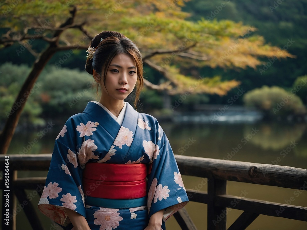 A young woman dressed in a traditional Japanese kimono, captured in a serene setting. A young woman dressed in a traditional Japanese kimono, captured in a serene setting.