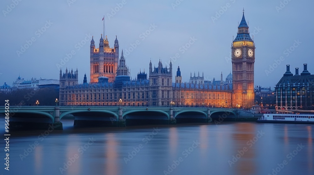 Naklejka premium Big Ben and the Houses of Parliament in London, UK, illuminated at dusk, with a serene Thames River in the foreground